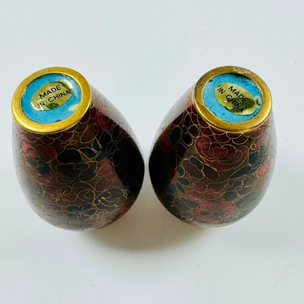 Vintage Cloisonne Miniature Bud Vases Set of 2 Floral Enamel Gold Trim 3 Inch